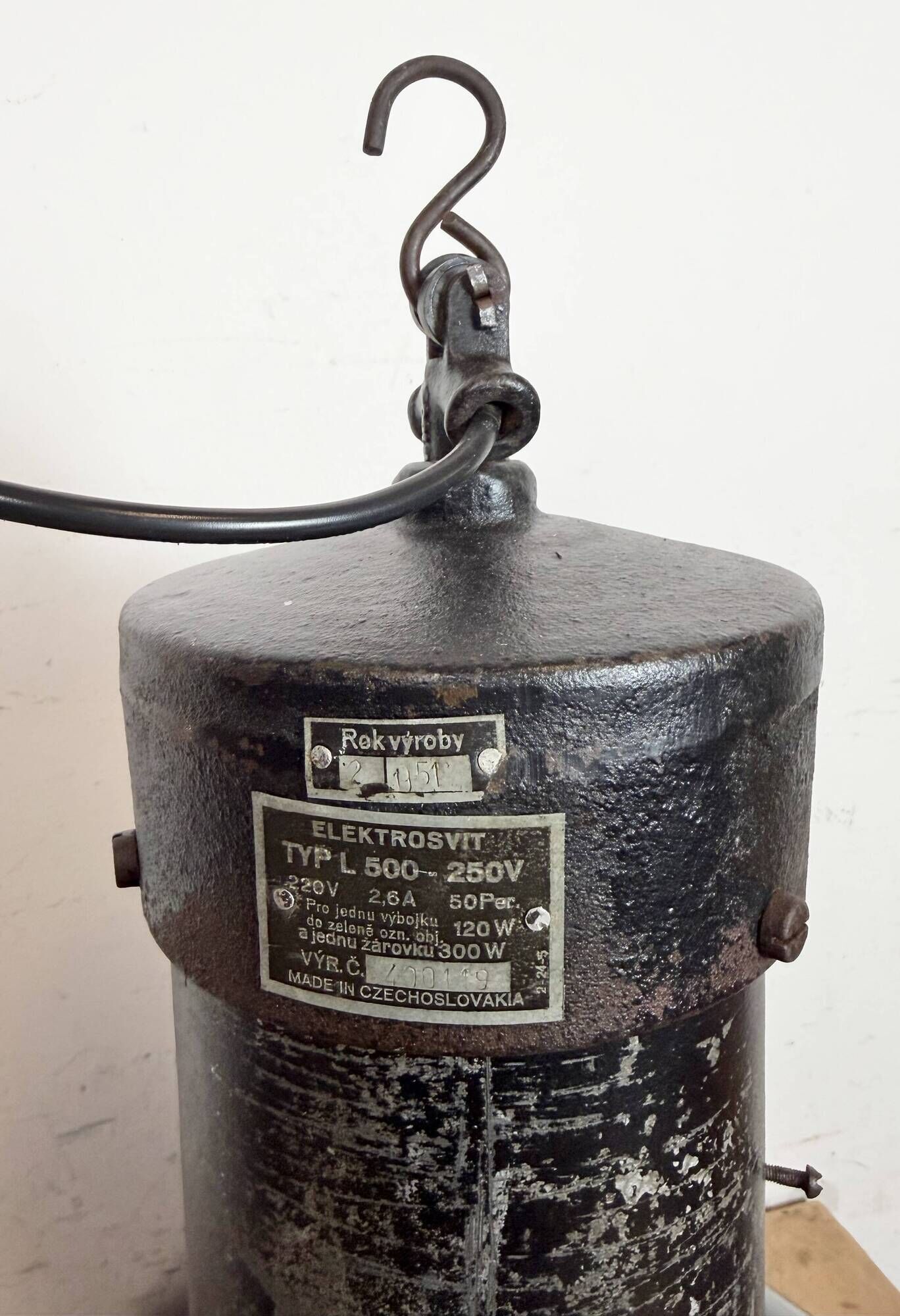 Large Industrial Factory Black Pendant Lamp with Cast Iron Top, 1950s