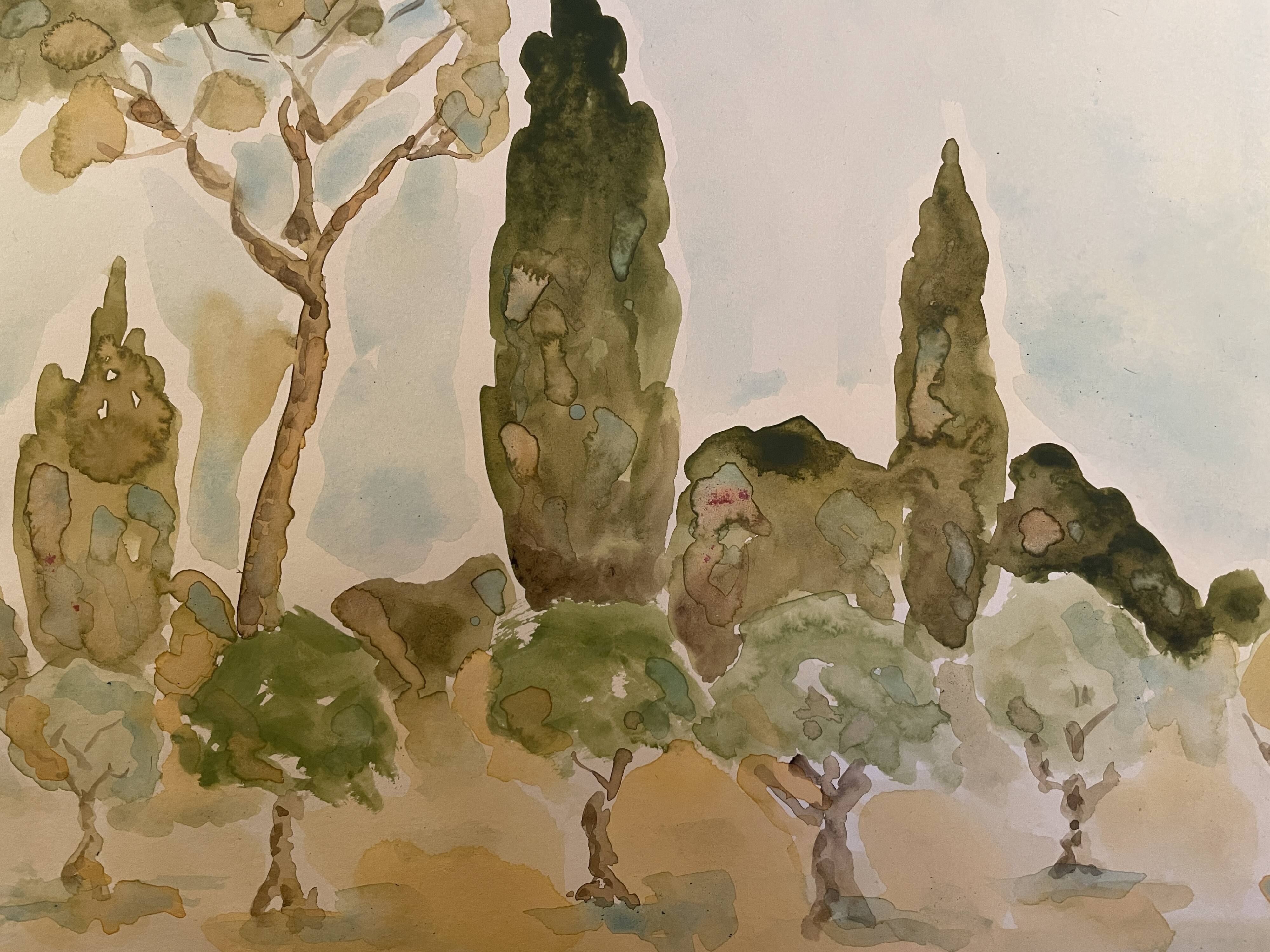 Signed watercolor painting “olive tree field in Provence”