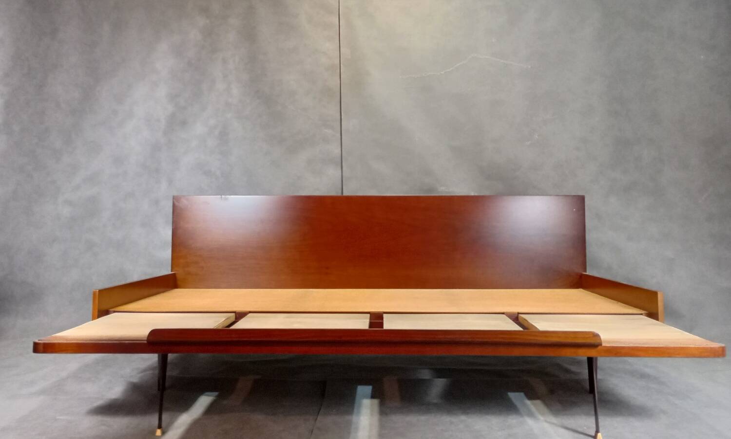 Jitona sobeslav sofa bed in walnut & boucle fabric, vintage czech 1960s