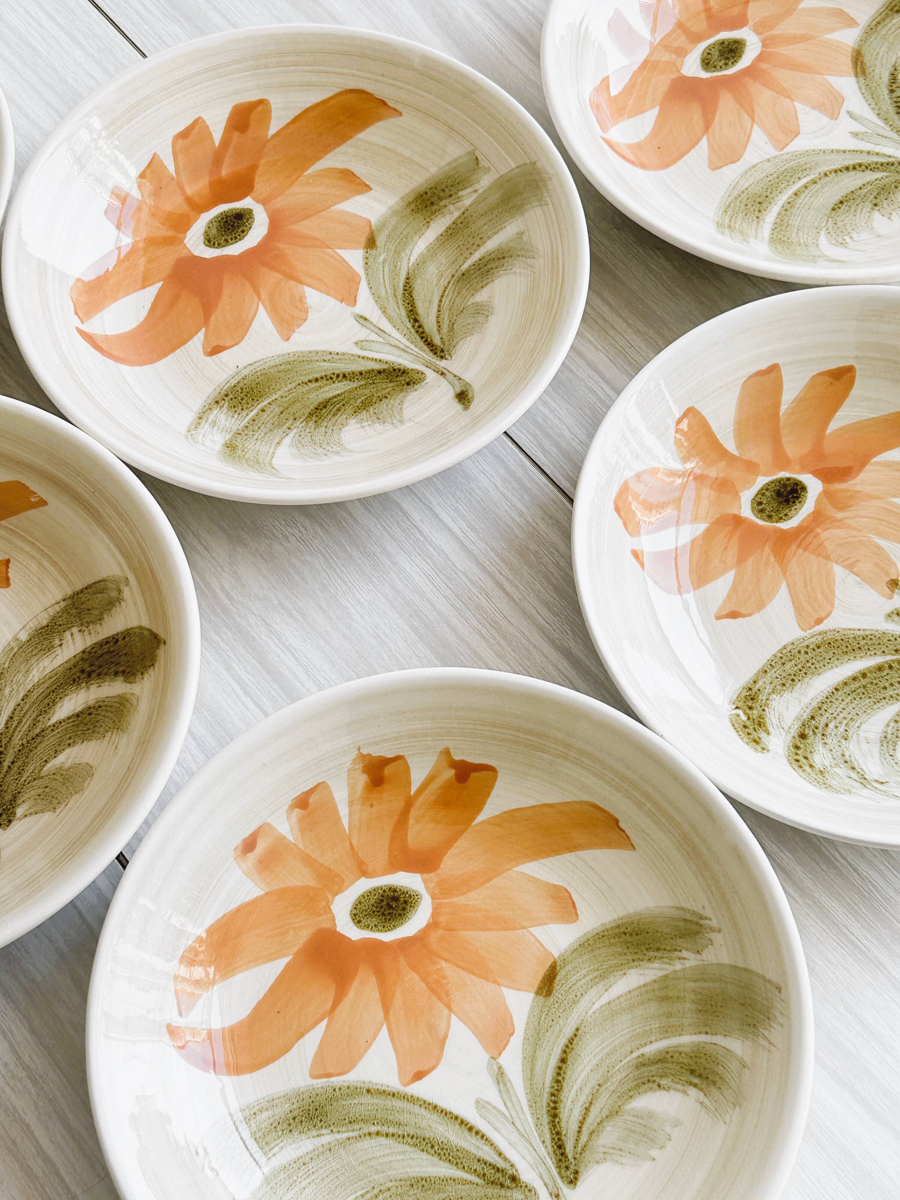 6 soup plates with floral decoration, Sarreguemines earthenware, hand painted.