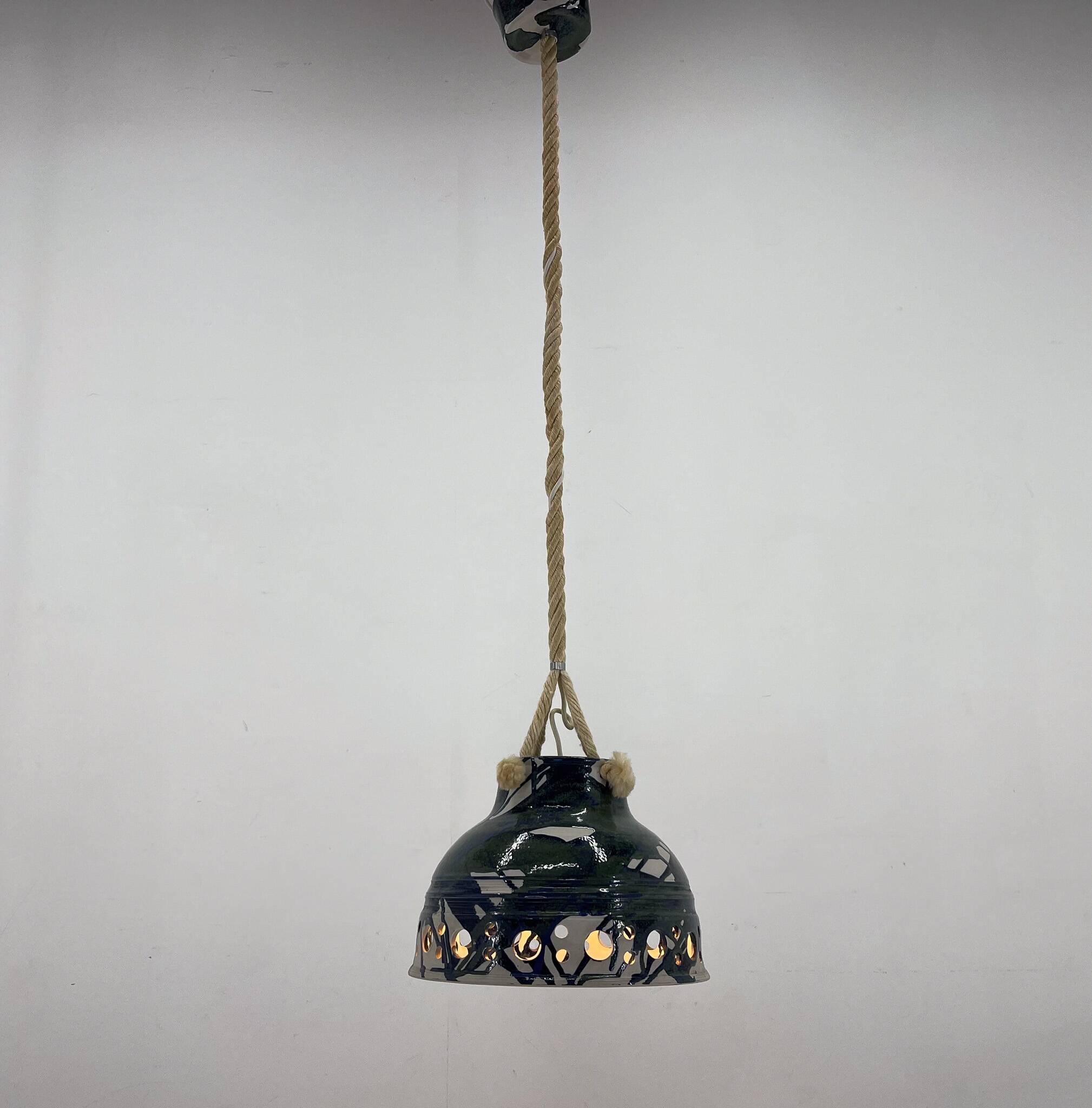 1970s Ceramic Pendant Light Suspended on a on Rope, Denmark
