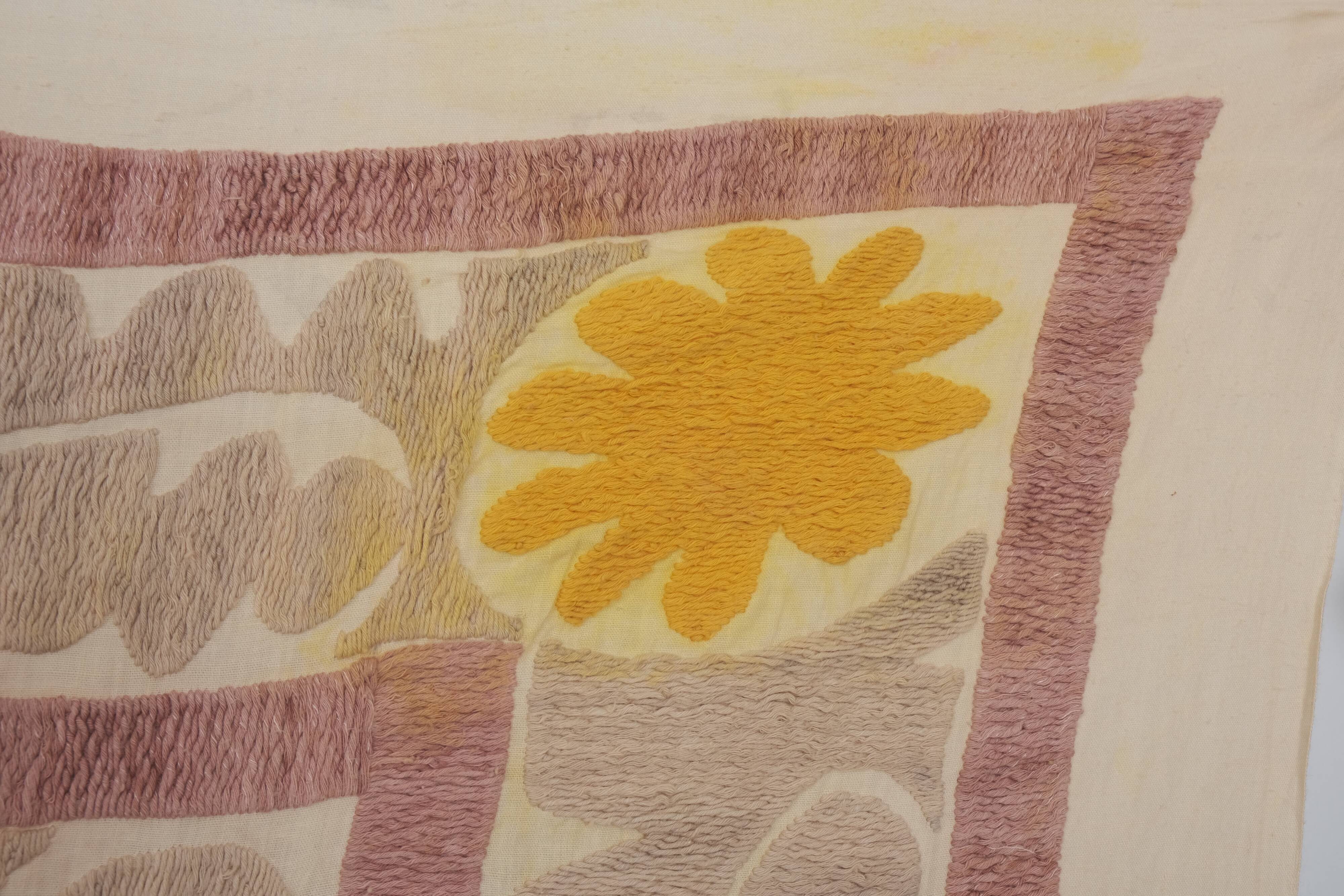 Embroidered tan suzani table cover, vintage tan and pink old embroidery textile