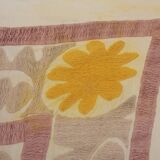 Embroidered tan suzani table cover, vintage tan and pink old embroidery textile