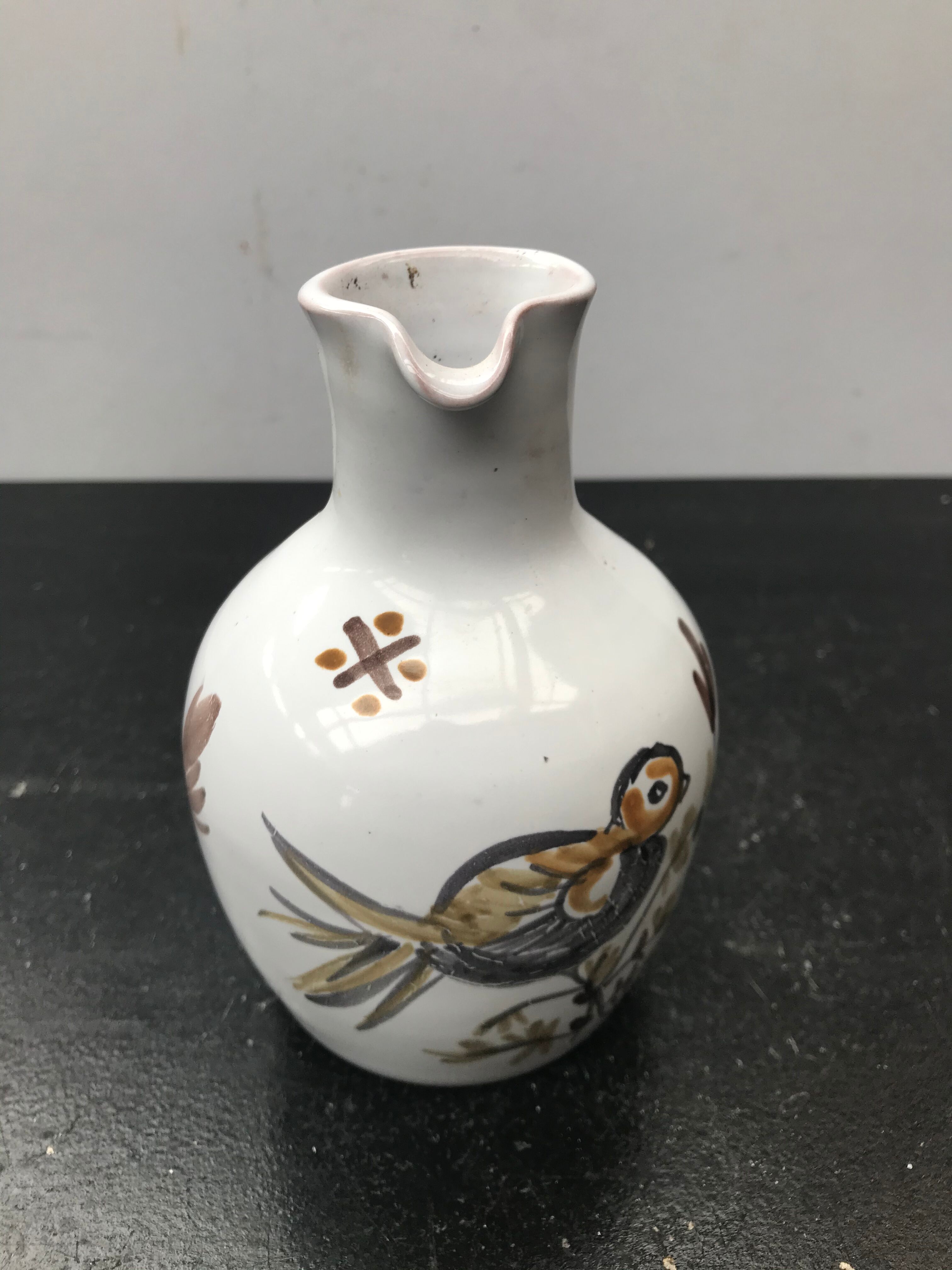 Former ceramic pitcher white decor birds painted