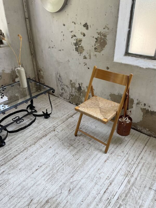 Chaise pliante hêtre et paille années 80