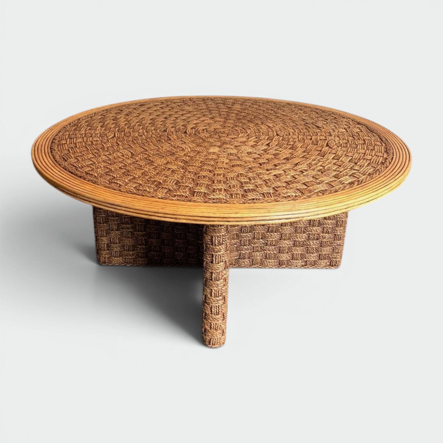 Large Round Coffee Table in Rope and Wood, in the Style of Audoux-Minet, Fra