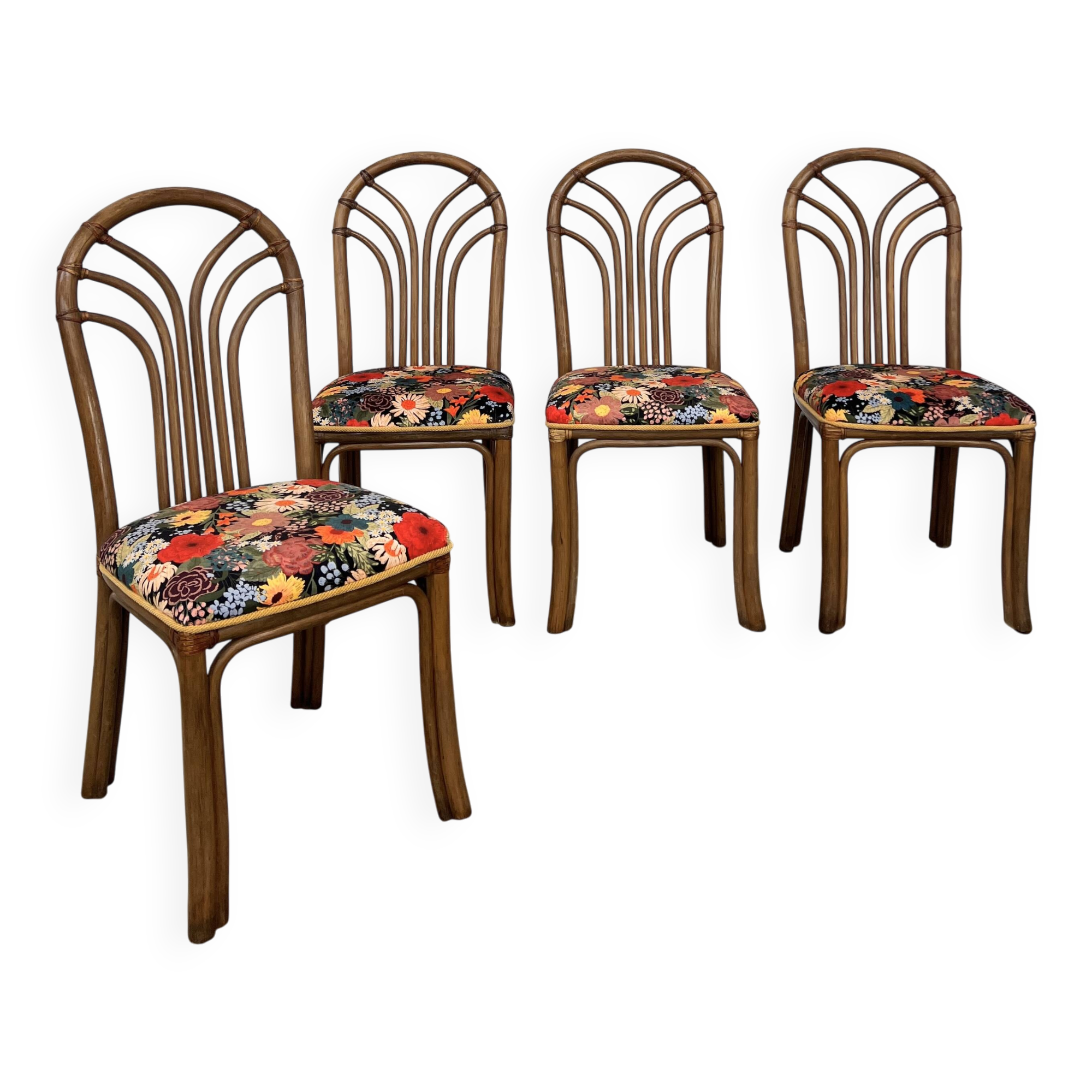 Set of 4 Rausch Rattan Curved Rattan Chairs - Floral Velvet Seats