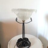 Vintage lamp frosted basin foot with floral decoration design 60s - 70s