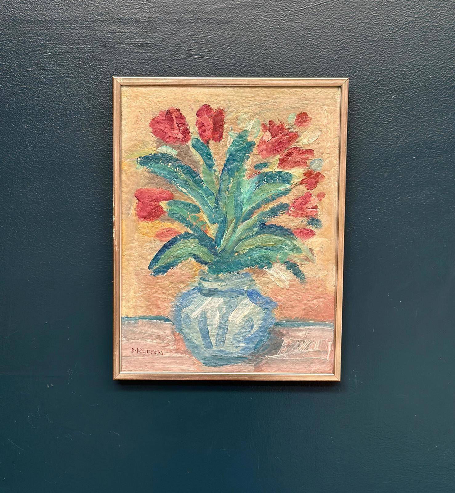 Huile sur toile suédoise du milieu du siècle – « Vase » par Bengt Delefors – Vintage et encadrée