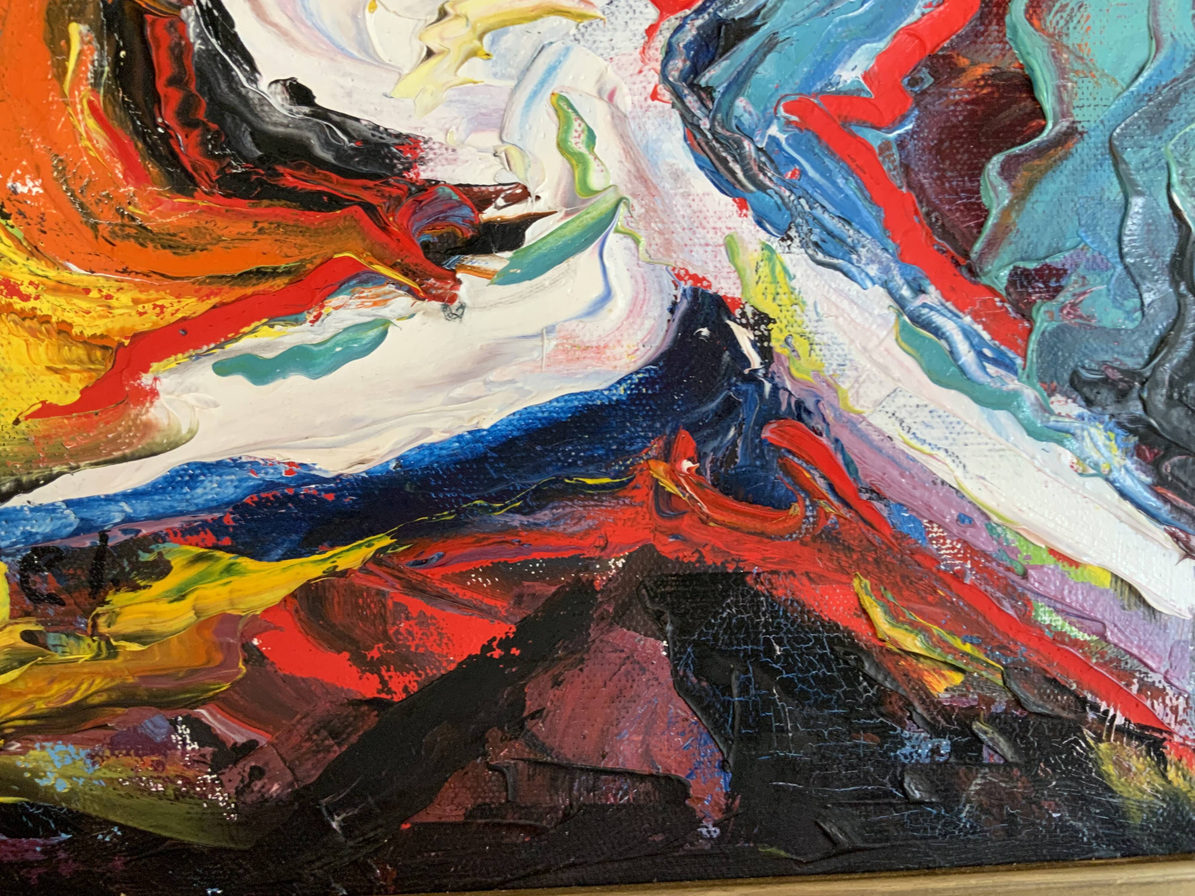 Petite peinture abstraite vintage de paysage, signée Axel, années 1970.