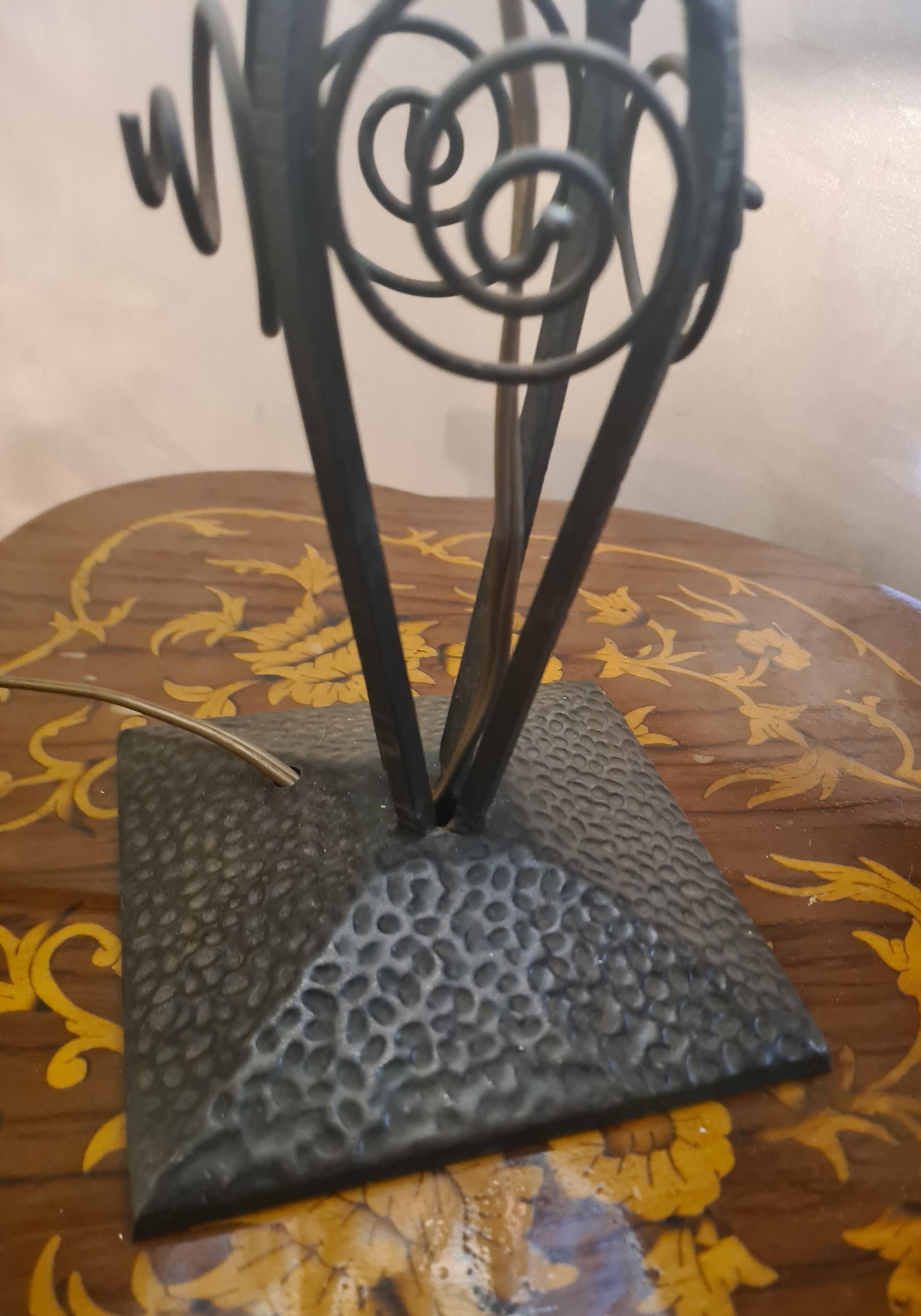 antique wrought iron lamp, 1900 to 1930 with stained glass lampshade soldered with lead