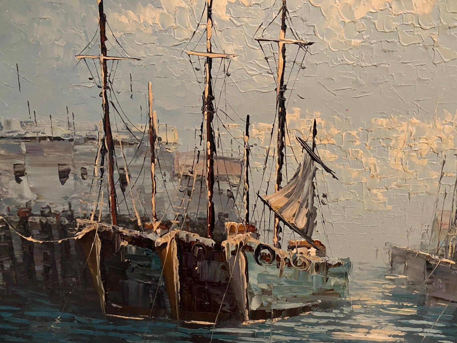 Oil on canvas mid-20th century marine boats at the quayside by P. Lemeut