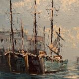 Oil on canvas mid-20th century marine boats at the quayside by P. Lemeut