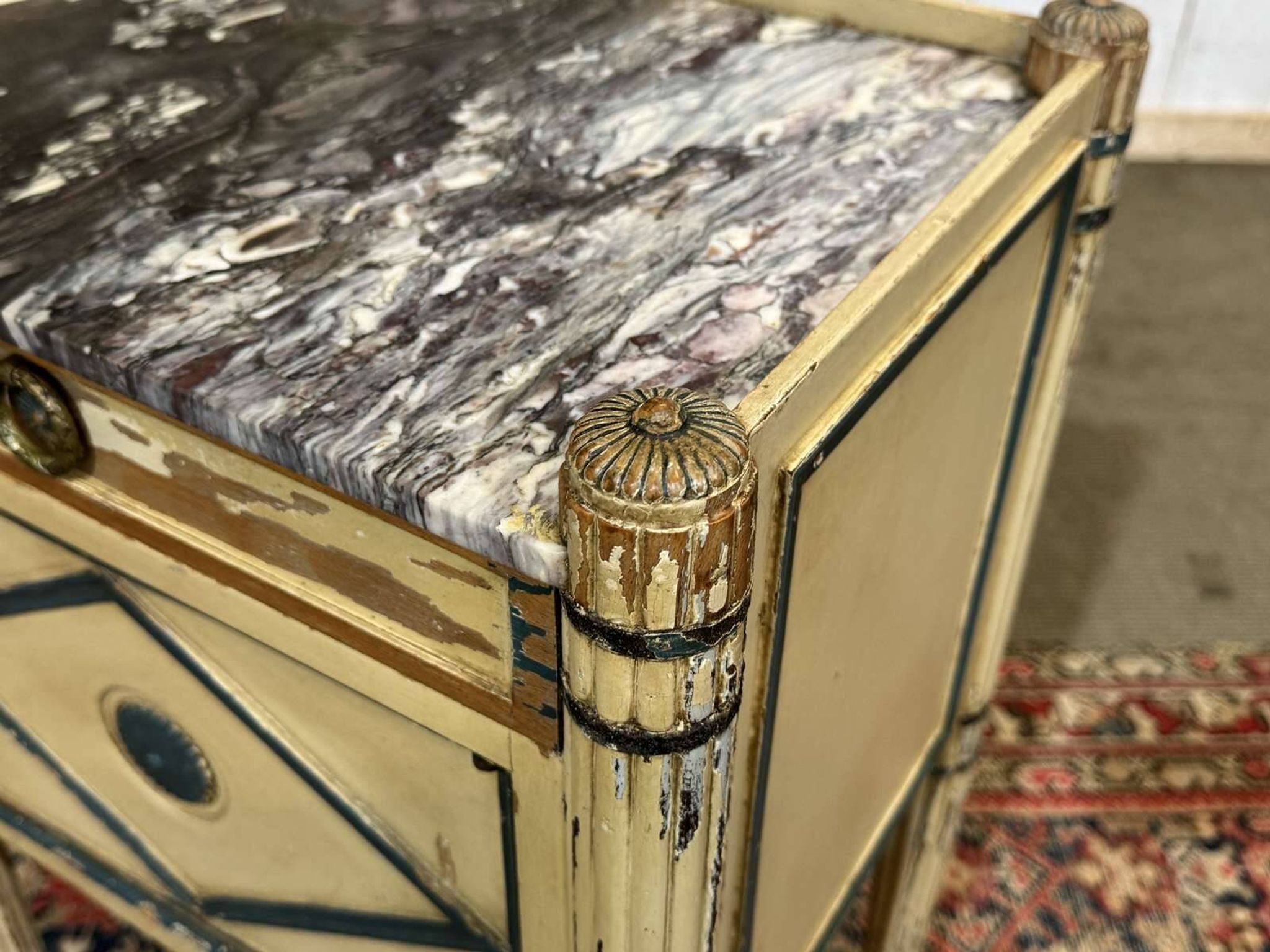 Beech bedside table painted with a marble top in Louis XVI style from the late 19th century.