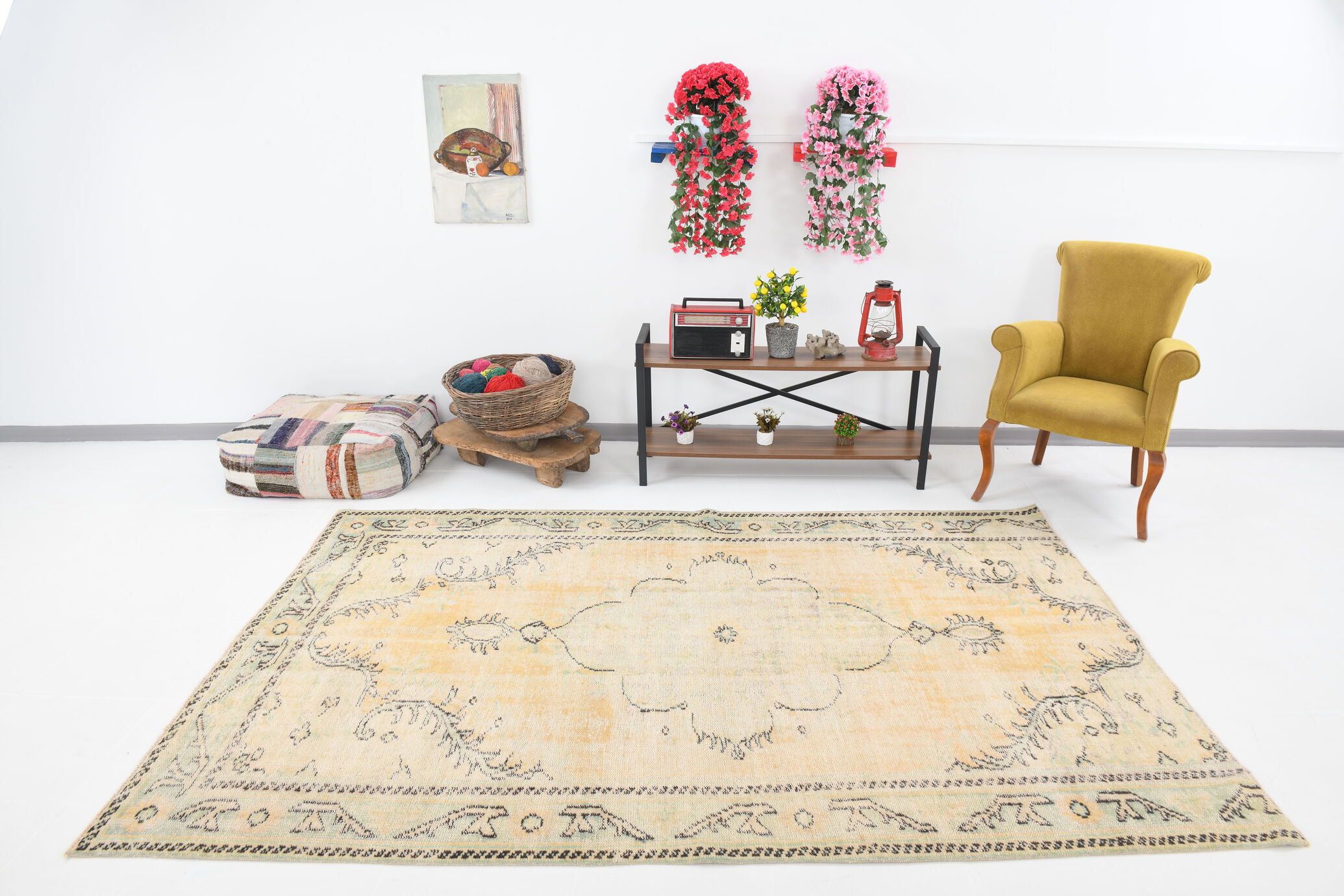 Classic faded yellow oushak rug 269x176cm