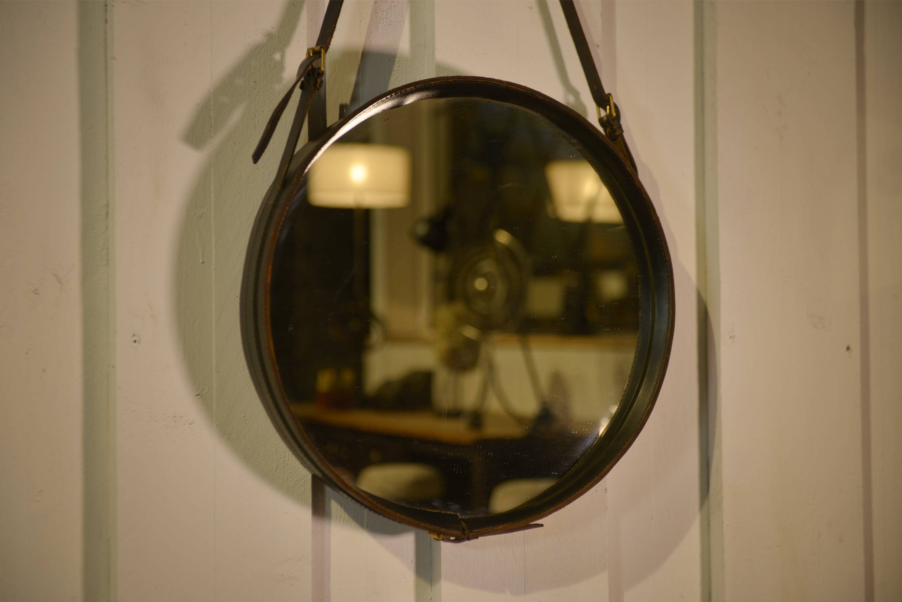 Black leather mirror by Jacques Adnet 1950s