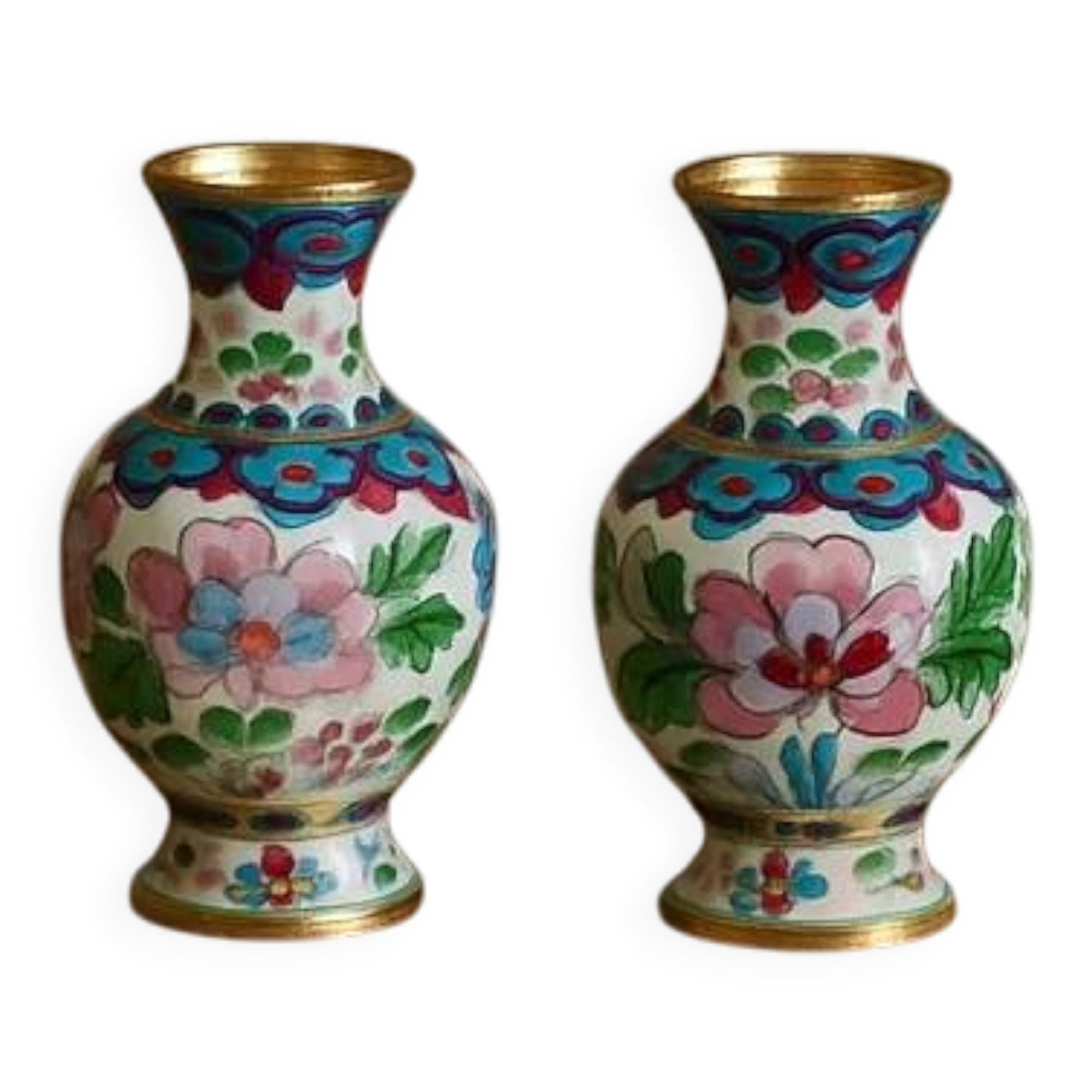 Two small vintage cloisonné enamel vases with Asian floral decoration.