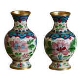 Deux petits vases cloisonné émaillé vintage décor floral asiatique