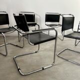 Set of 6 design chairs Matteo Grassi tubular metal and black leather year 70/80 Bauhaus style