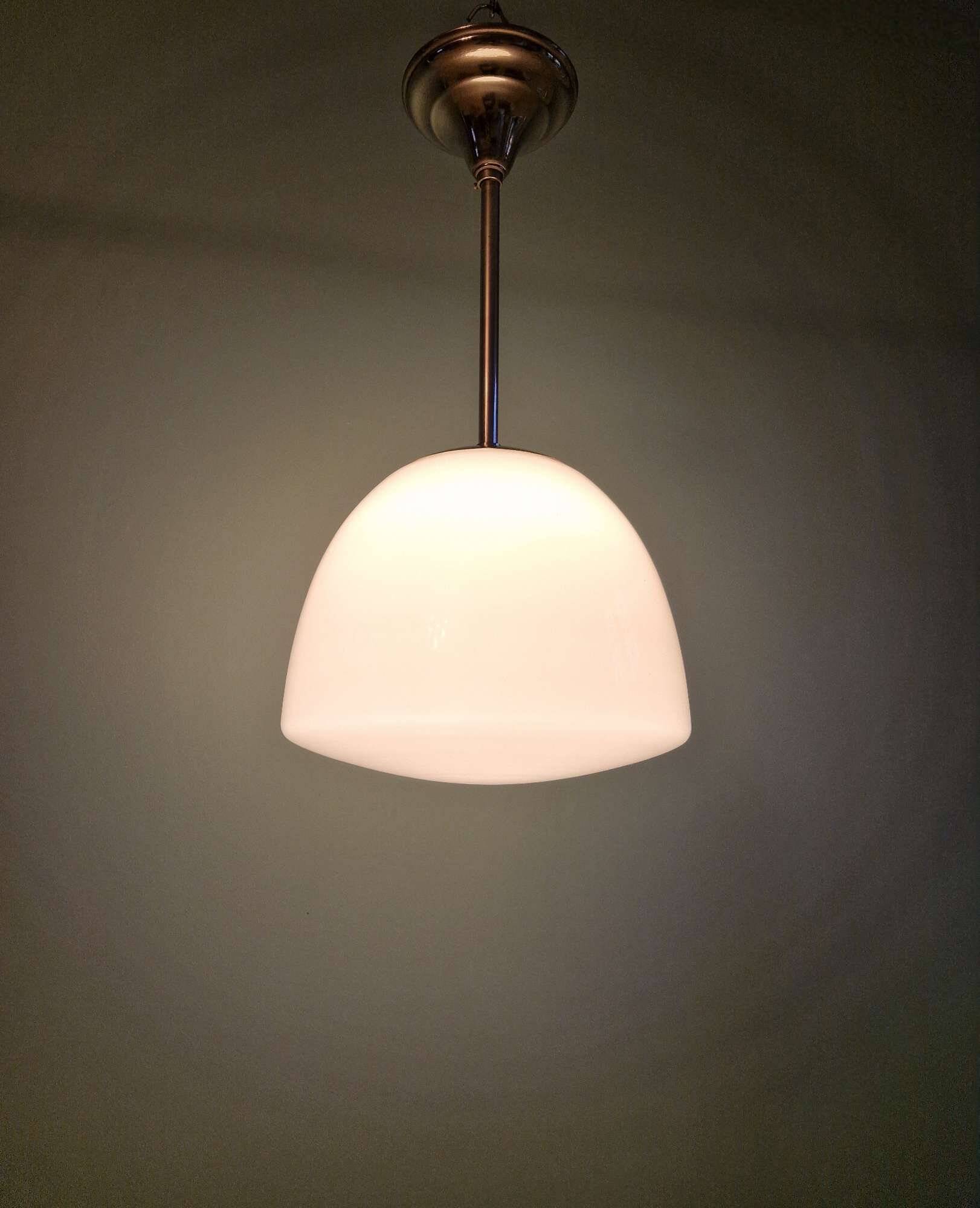 Art Deco pendant light in white opaline glass with chrome frame, 1920-30