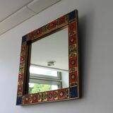 Vintage square mirror in gilded brass and enameled ceramic, 1970;