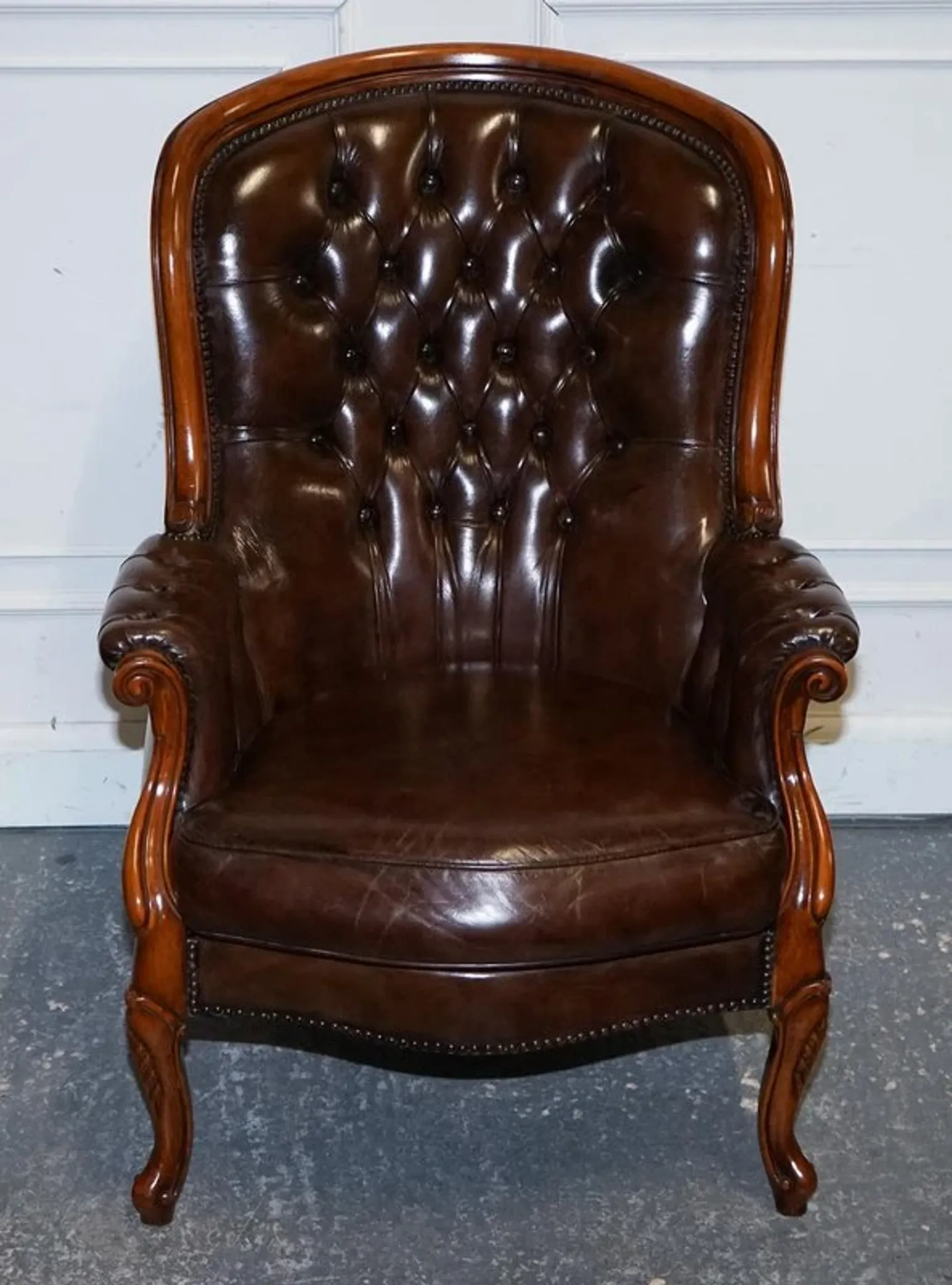 Victorian Chesterfield Leather Dyed Armchair and Ottoman Set
