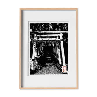 Japanese linocut of a mysterious Torii in Kanazawa: 100% handmade, certified and signed