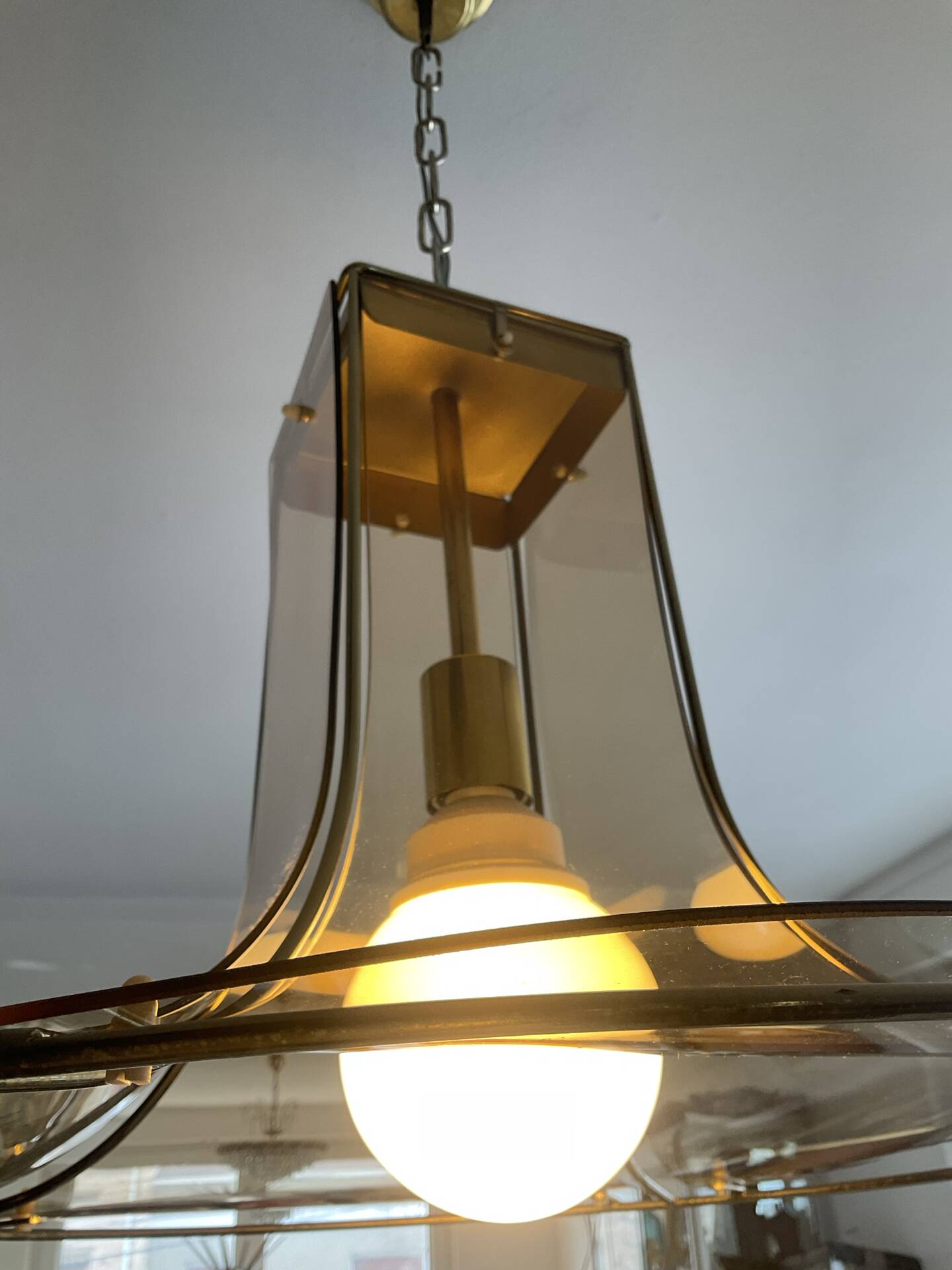 Italian suspension lamp in smoked glass and brass from the 1970s.