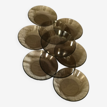 Set of 9 smoked brown glass soup plates