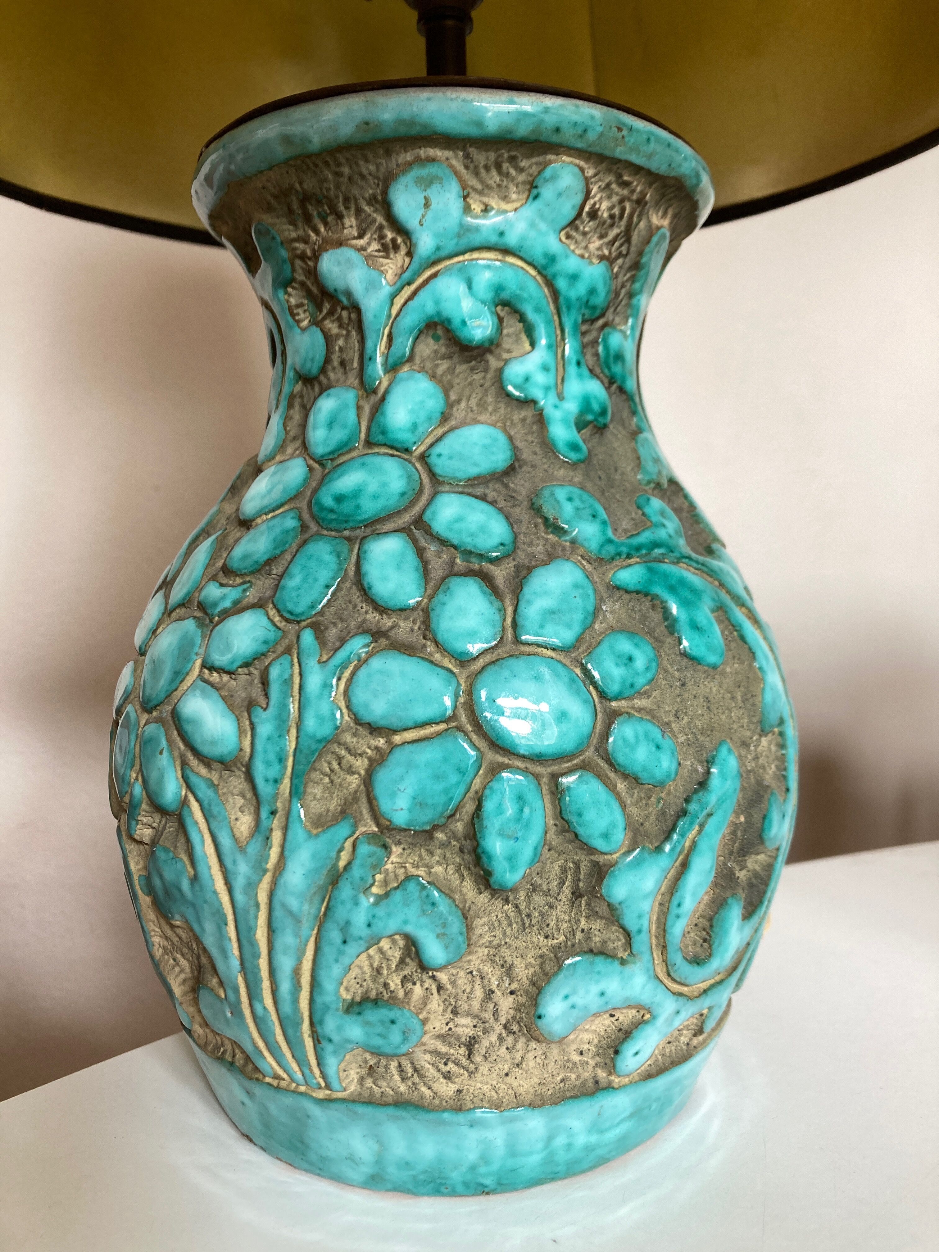 Italian glazed ceramic lamp 1960 mid century Bitossi turquoise