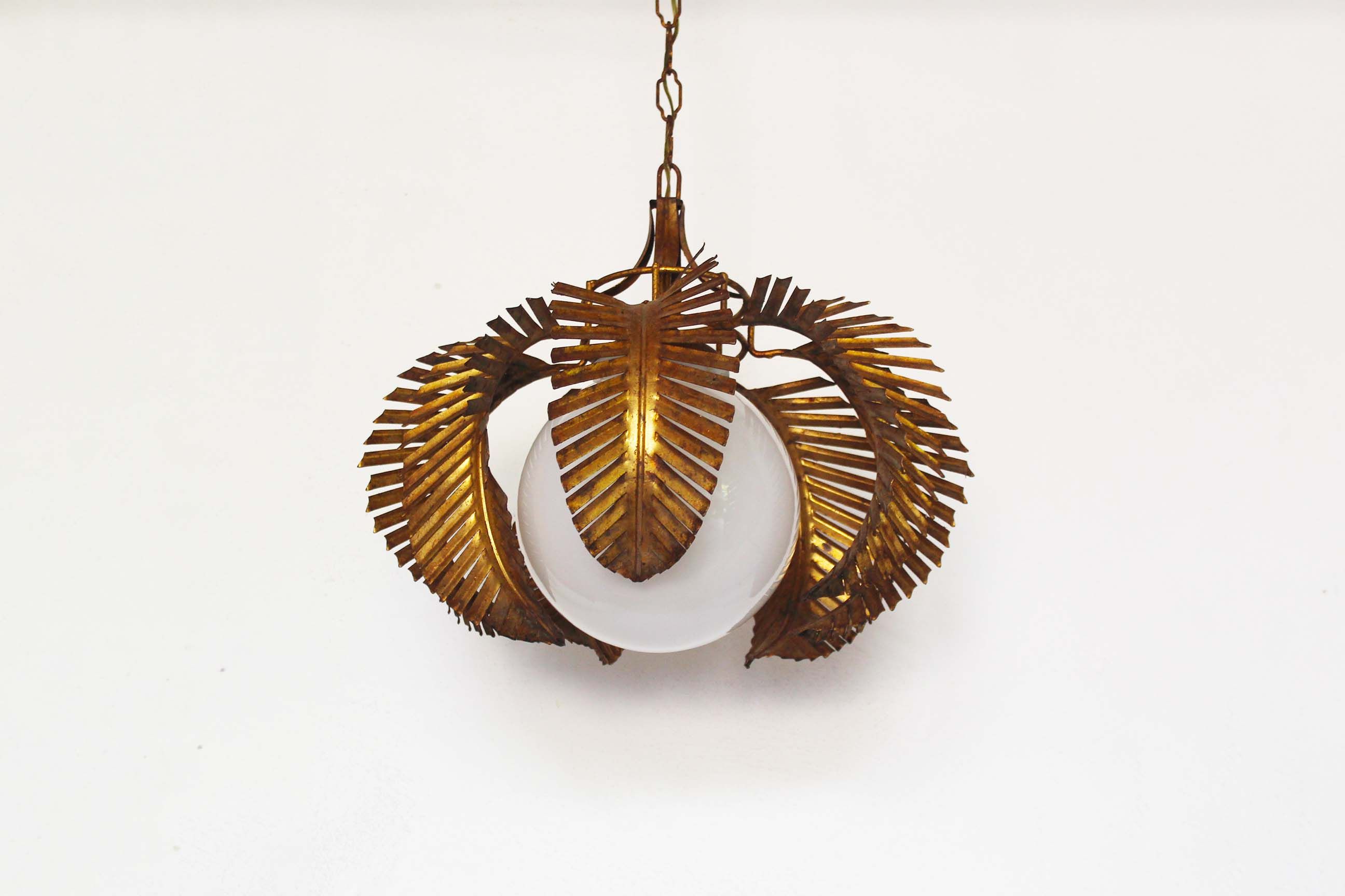 Gilt palm leaf and opaline glass pendant light by Hans Kögl