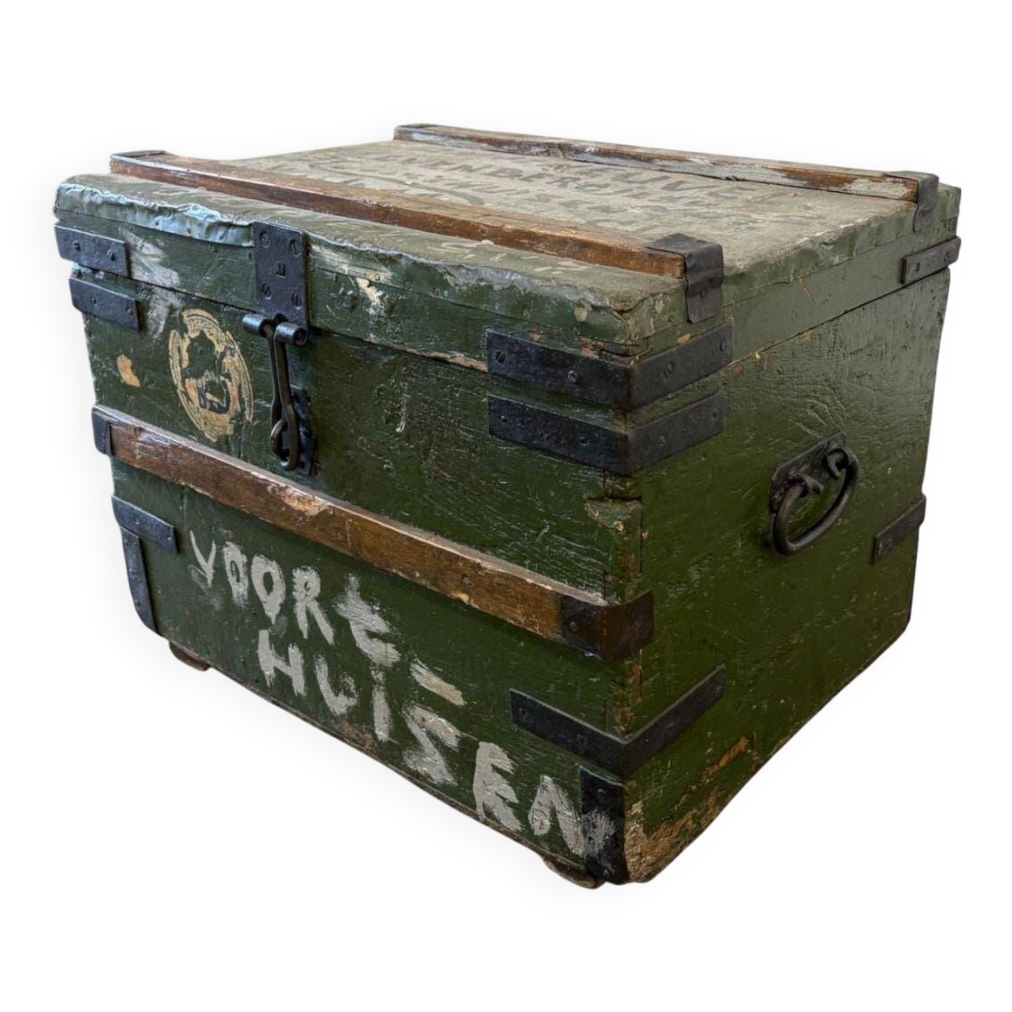 Coffre de voyage industriel vintage en bois vert