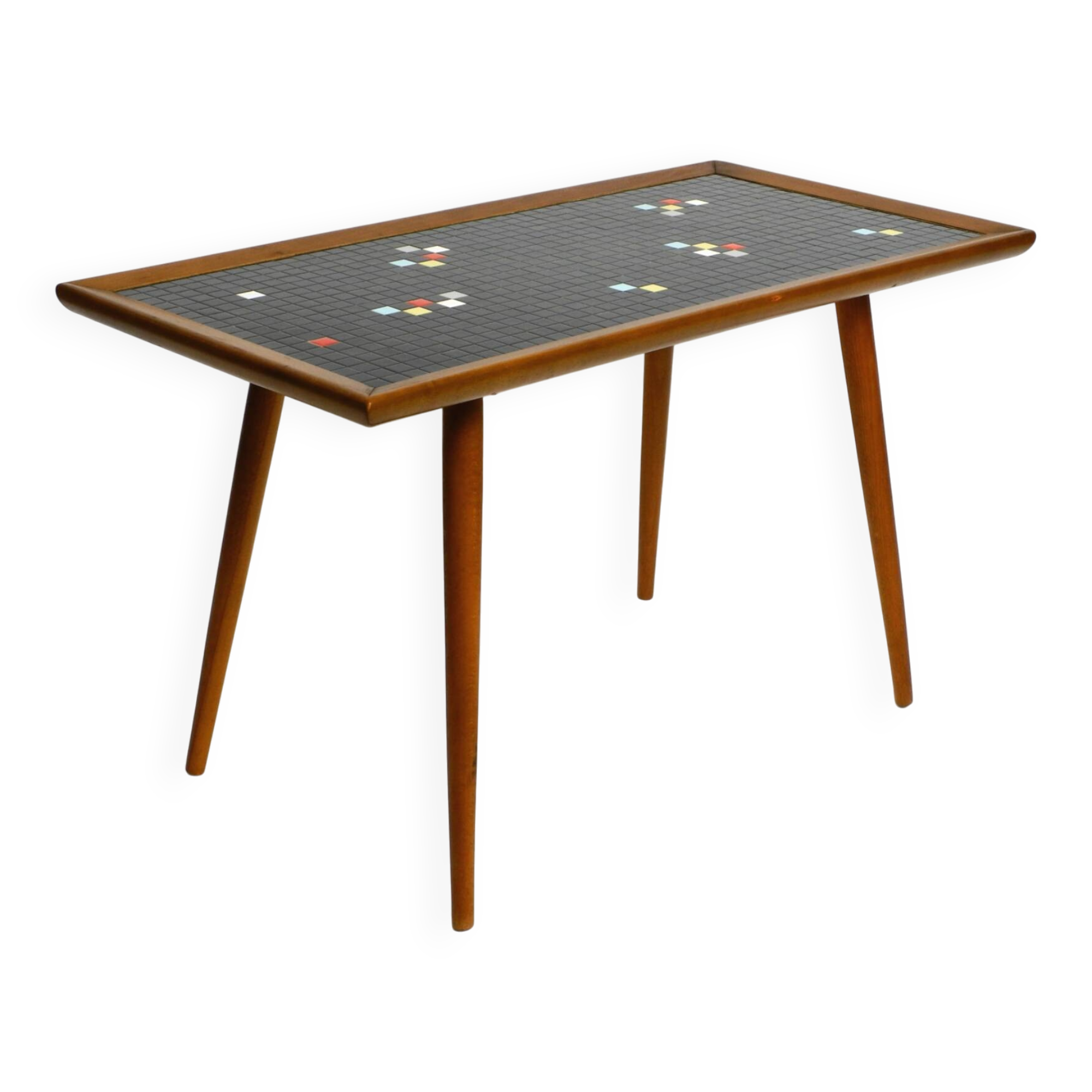 Beautiful long Mid Century walnut wood coffee table with a mosaic surface