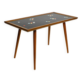 Beautiful long Mid Century walnut wood coffee table with a mosaic surface