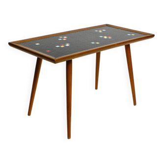 Beautiful long Mid Century walnut wood coffee table with a mosaic surface