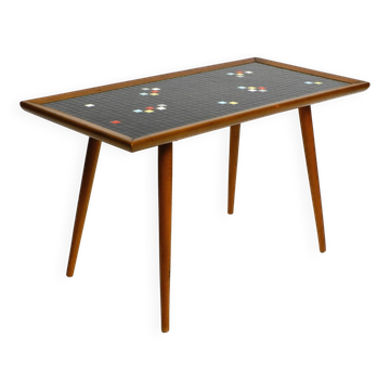 Beautiful long Mid Century walnut wood coffee table with a mosaic surface