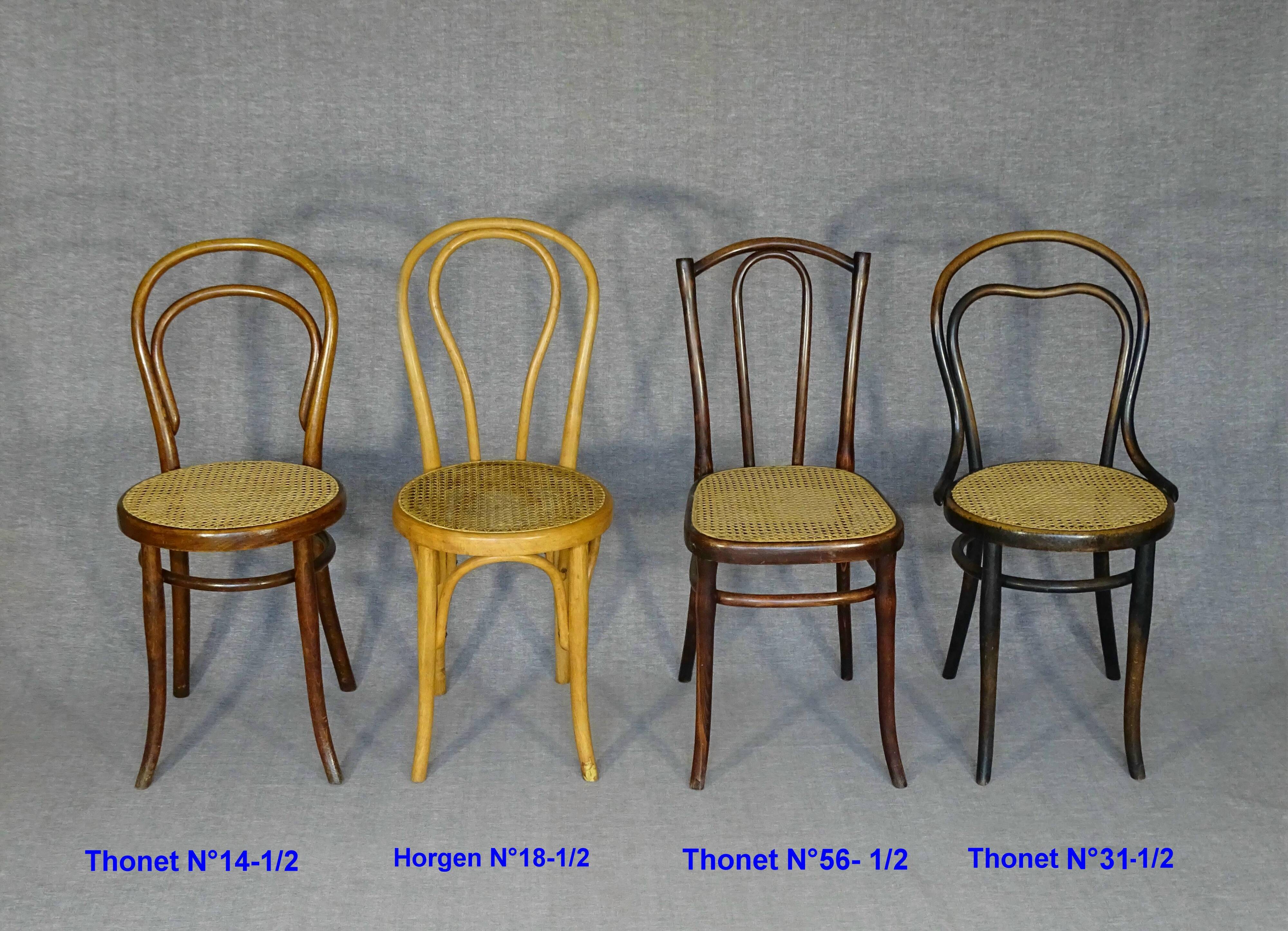 4 mismatched bistro chairs in wood and cane, Thonet, Horgen circa 1910