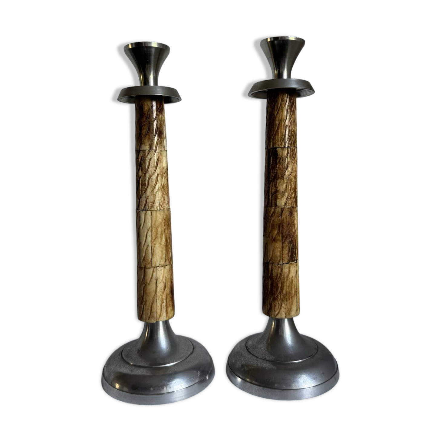 A Pair Of Vintage Mid Century Modern Metal With Faux Bone Candle Holde