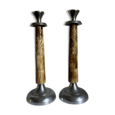 A Pair Of Vintage Mid Century Modern Metal With Faux Bone Candle Holde