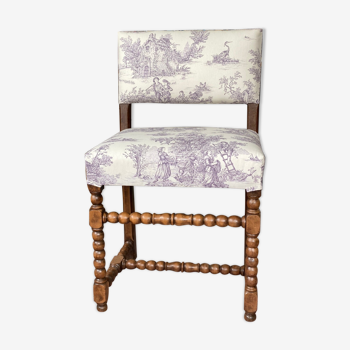 Authentique chaise Louis XIII re-tapissée toile de Jouy