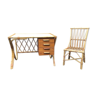 Vintage rattan desk by louis songot 1950