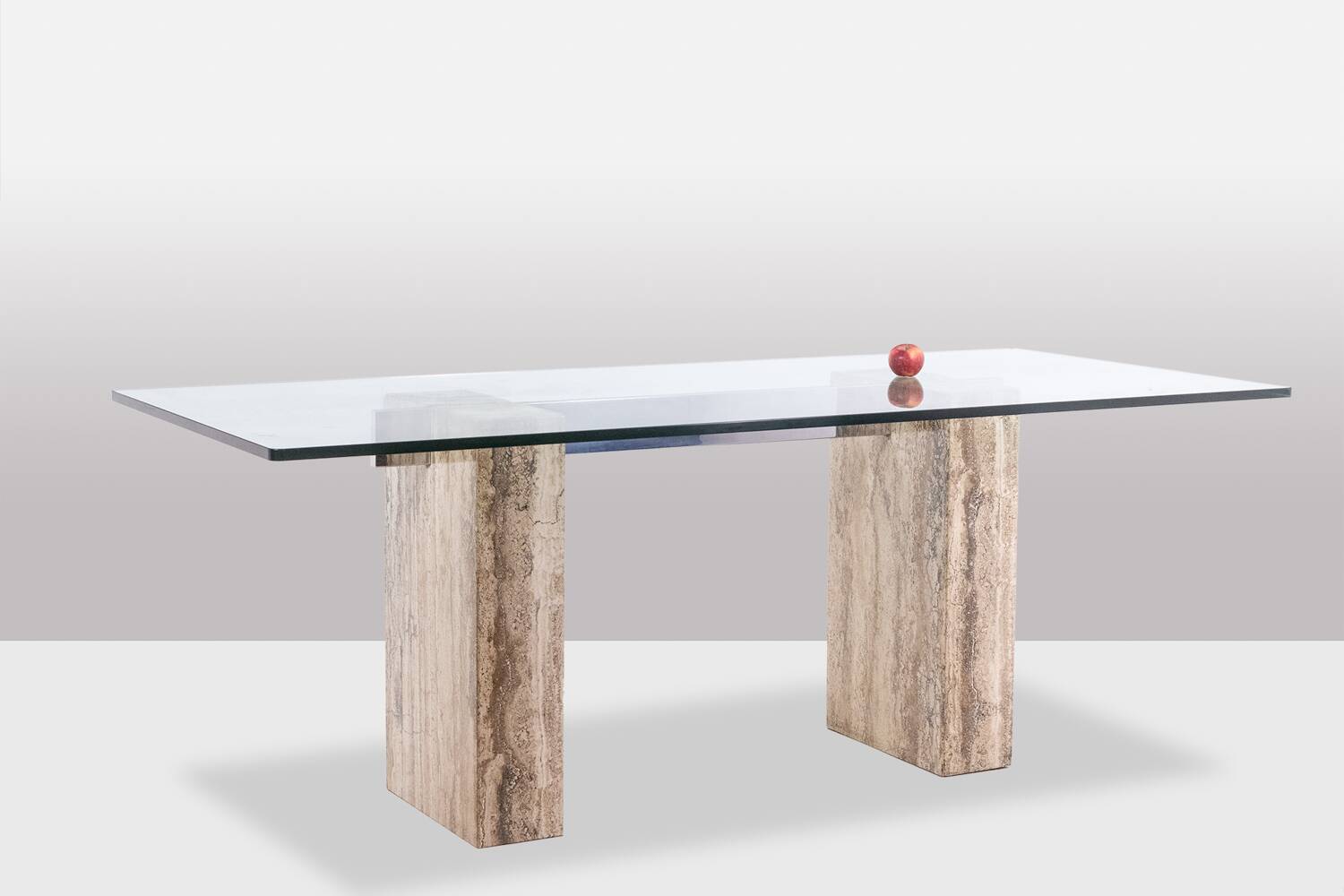 Console, or desk, in glass and travertine. 1980s.