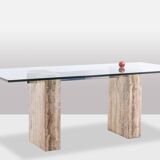 Console, or desk, in glass and travertine. 1980s.