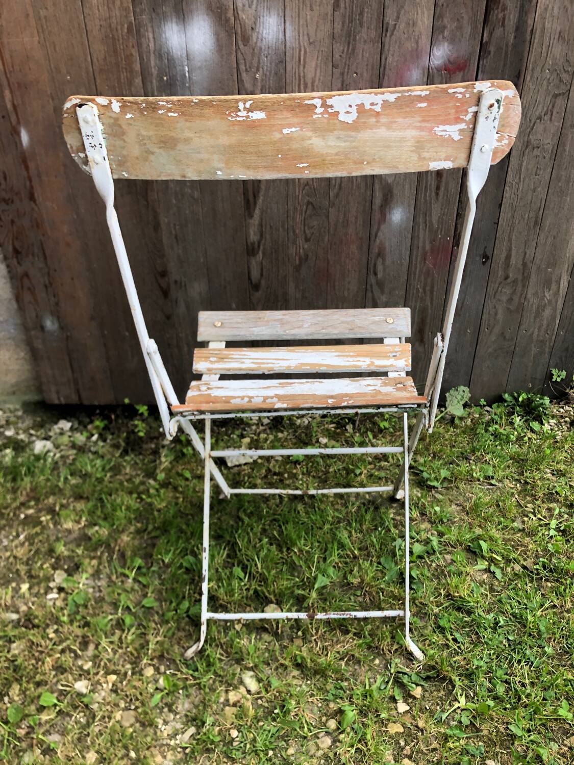 Vintage White Metal & Wood Folding Garden Chair