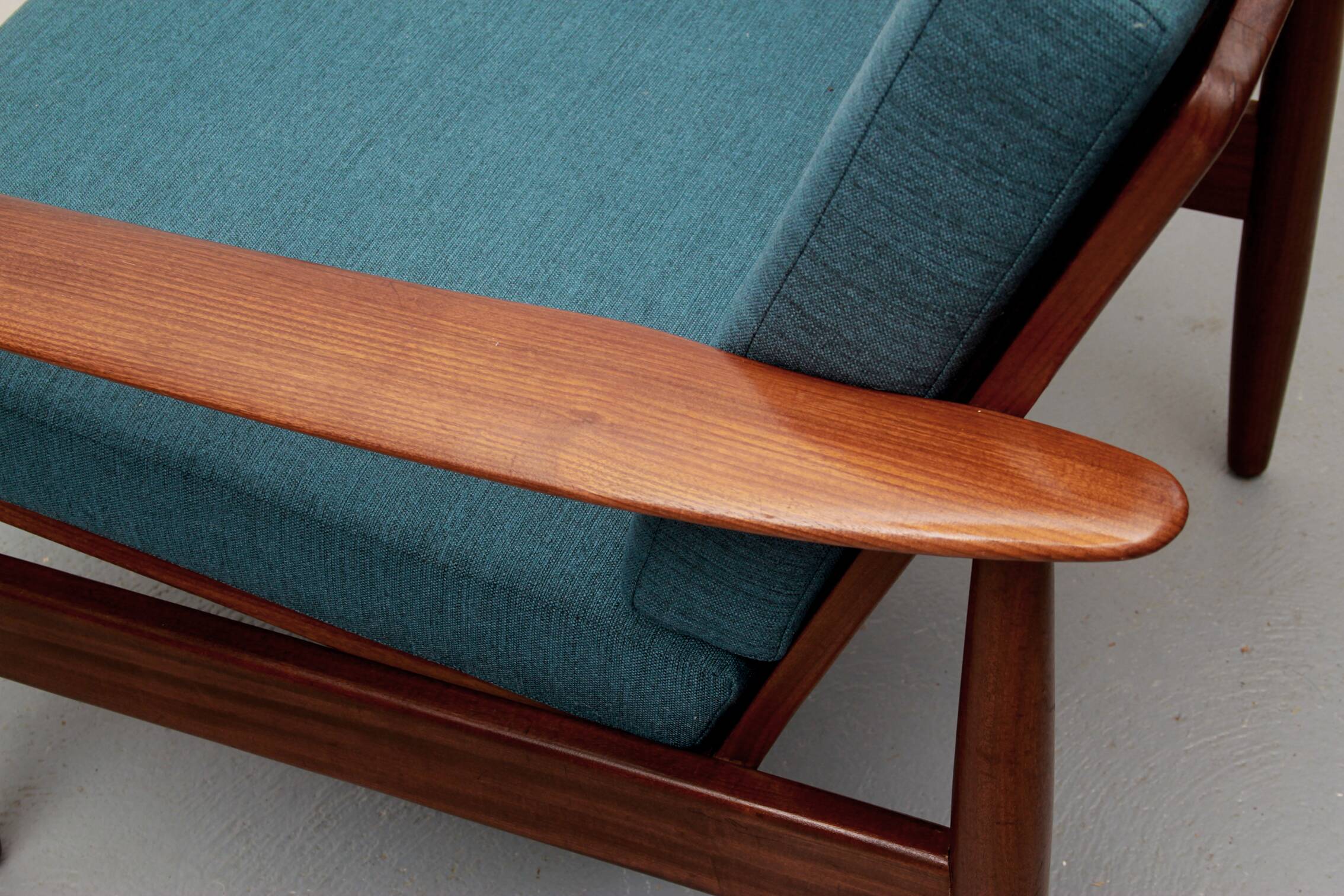 1960s armchair in teak, cushions petrol