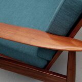 1960s armchair in teak, cushions petrol