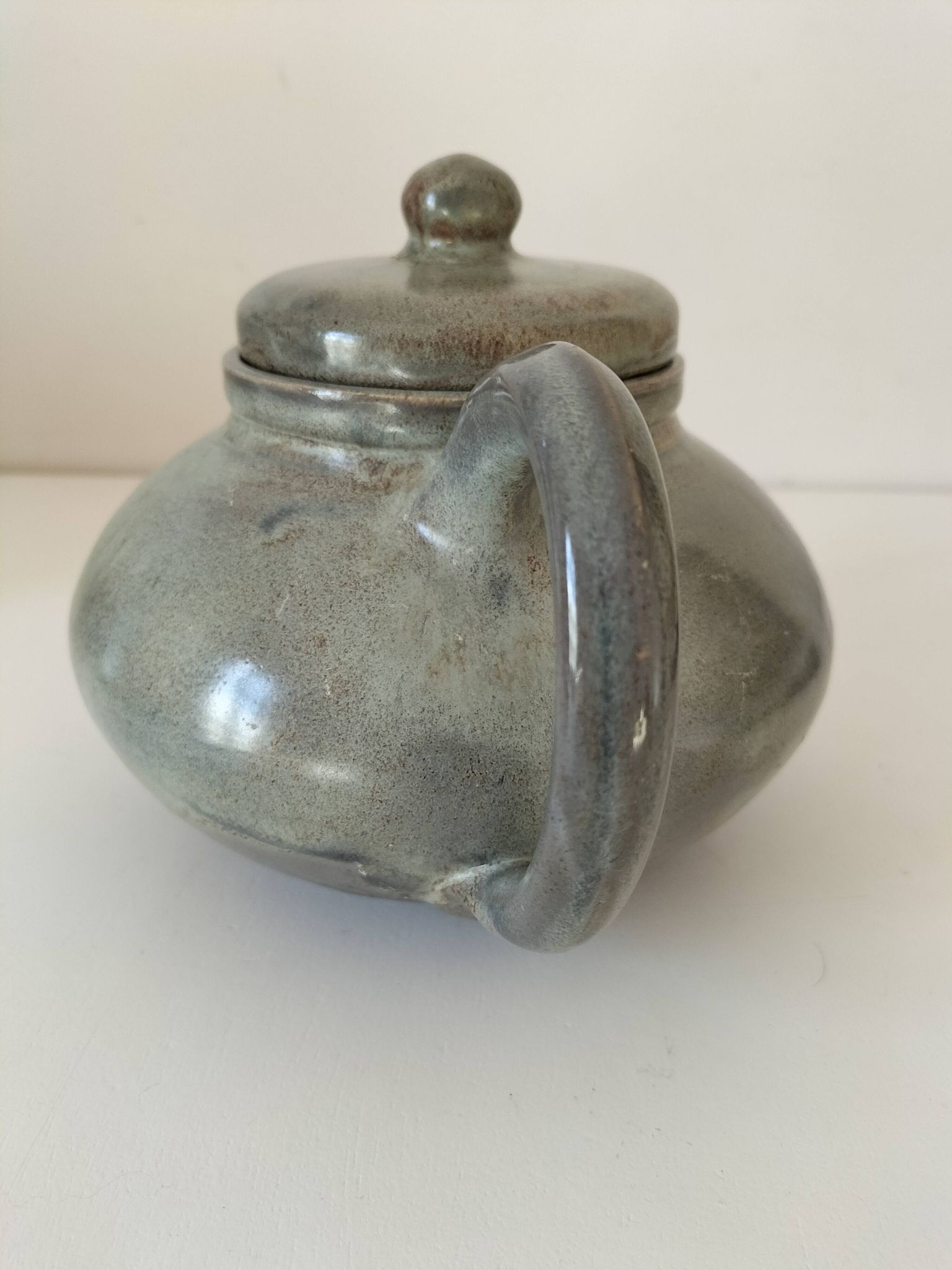 Large handcrafted celadon glazed ceramic teapot