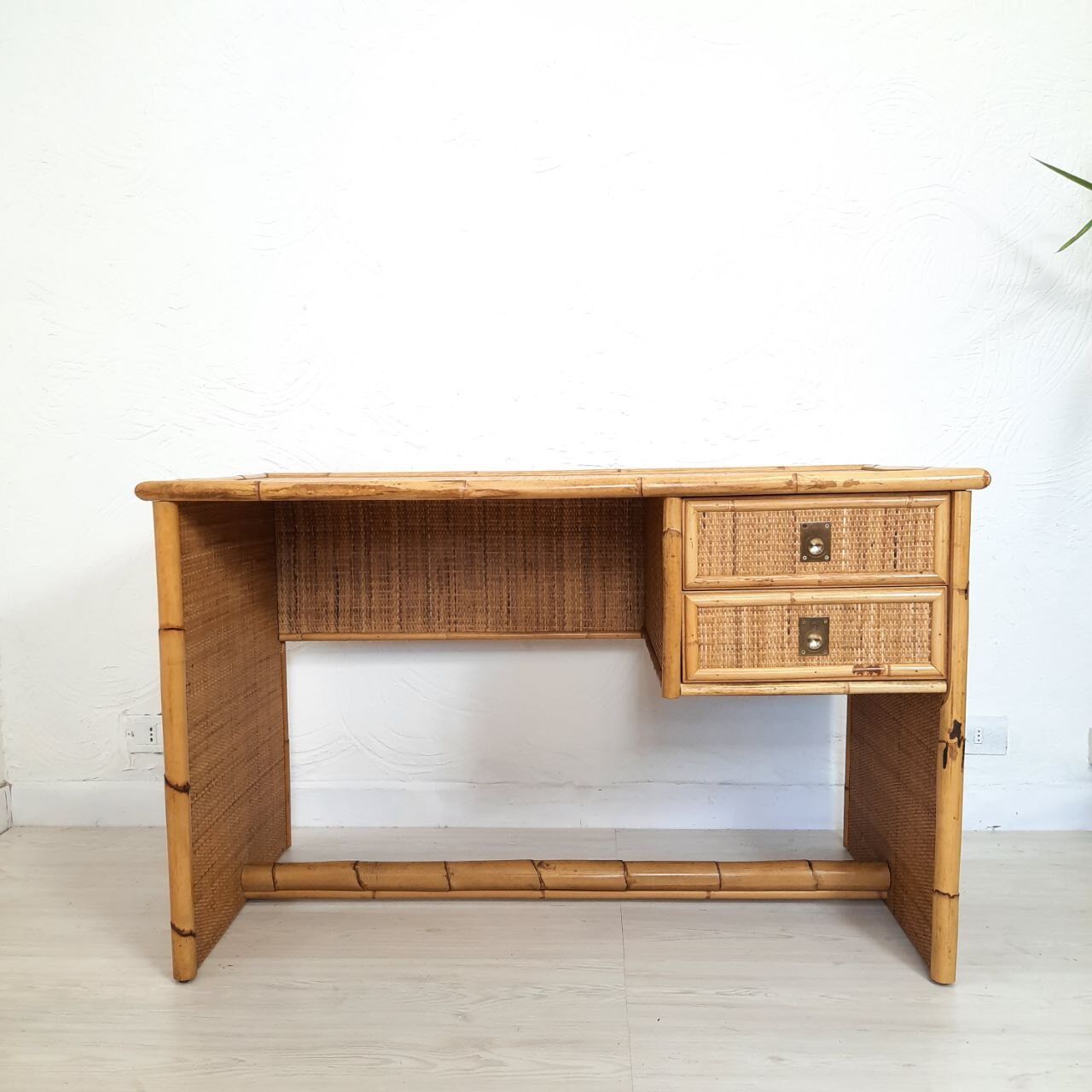 Pair of wicker and bamboo desks, Dal Vera, vintage