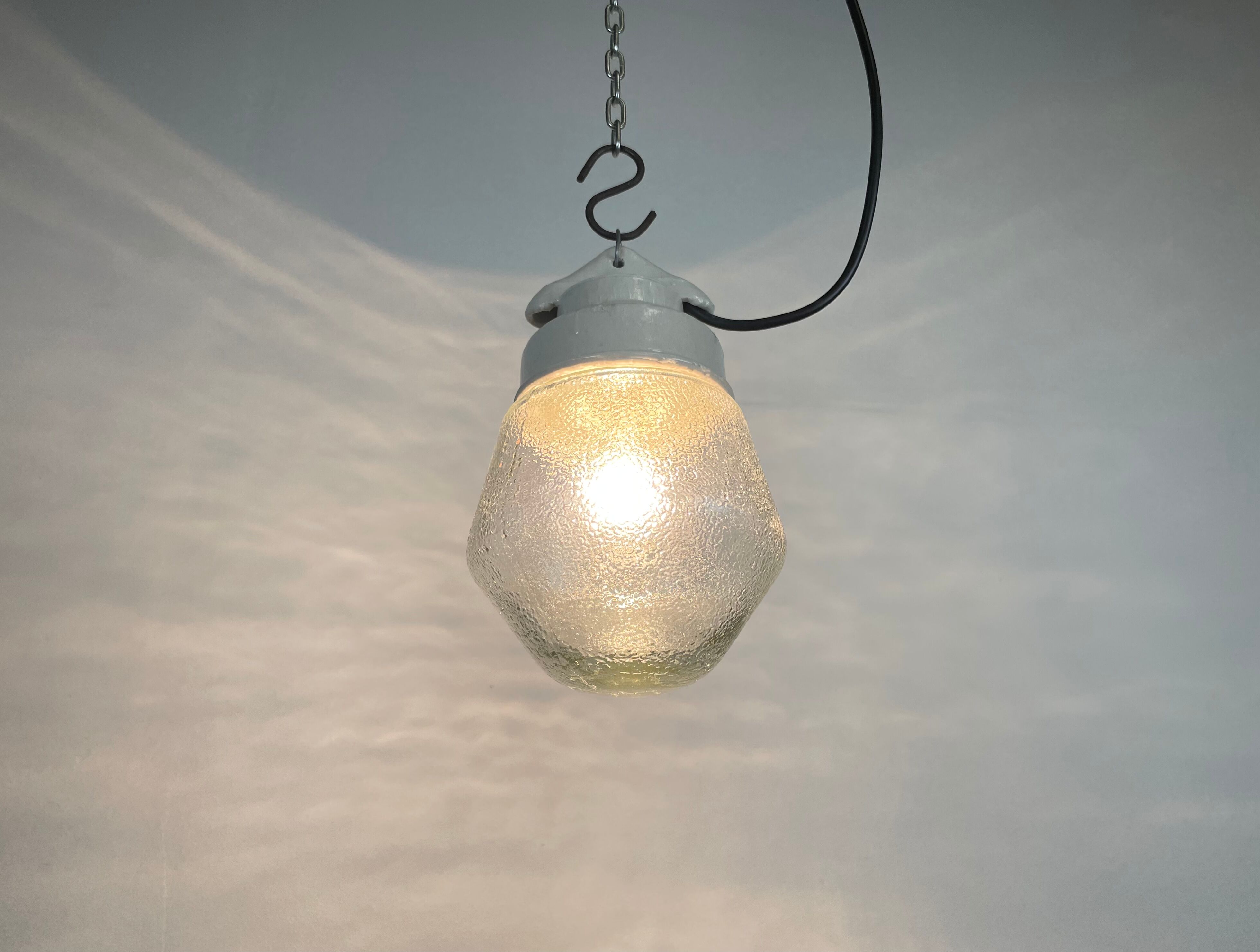 Industrial White Porcelain Pendant Light with Frosted Clear Glass, 1970s