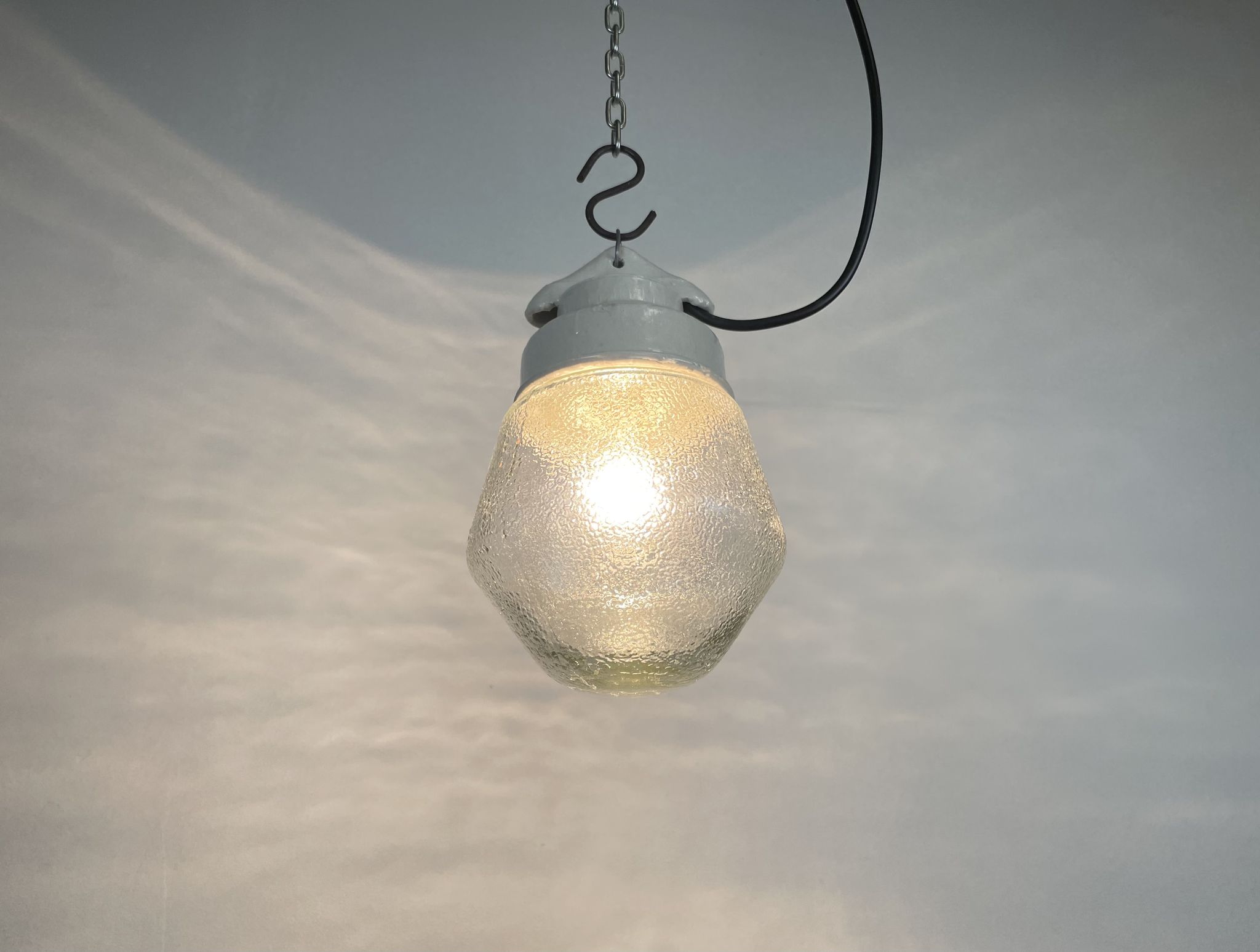 Industrial White Porcelain Pendant Light with Frosted Clear Glass, 1970s
